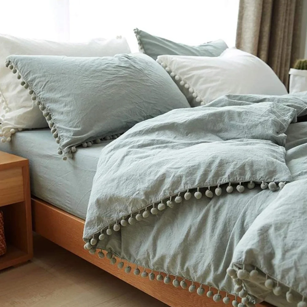 New SAGE GREEN Pom Pom Fringe Duvet Cover Set